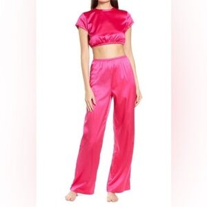 SKIMS Pink Satin Crop Top & Wide-Leg Pajama Set